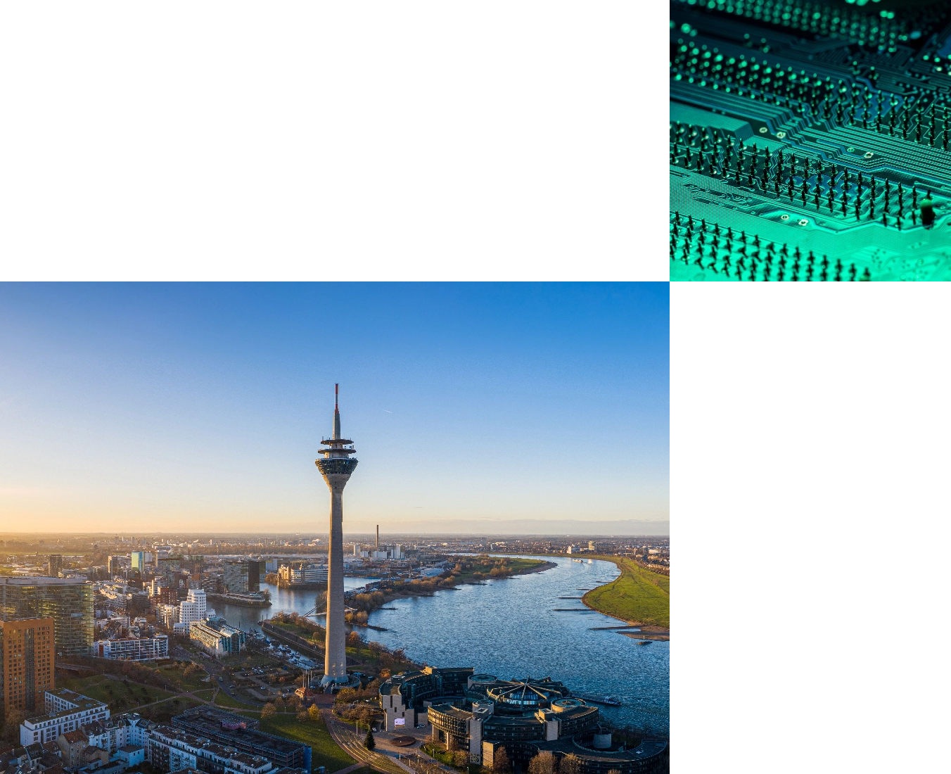 Luftaufnahme mit Blick auf den Düsseldorfer Fernsehturm und Detailaufnahme Computerchip